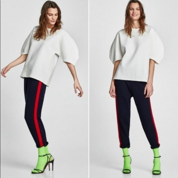 Zara Pants - ZARA // cropped straight leg elastic waist side stripe knit pants